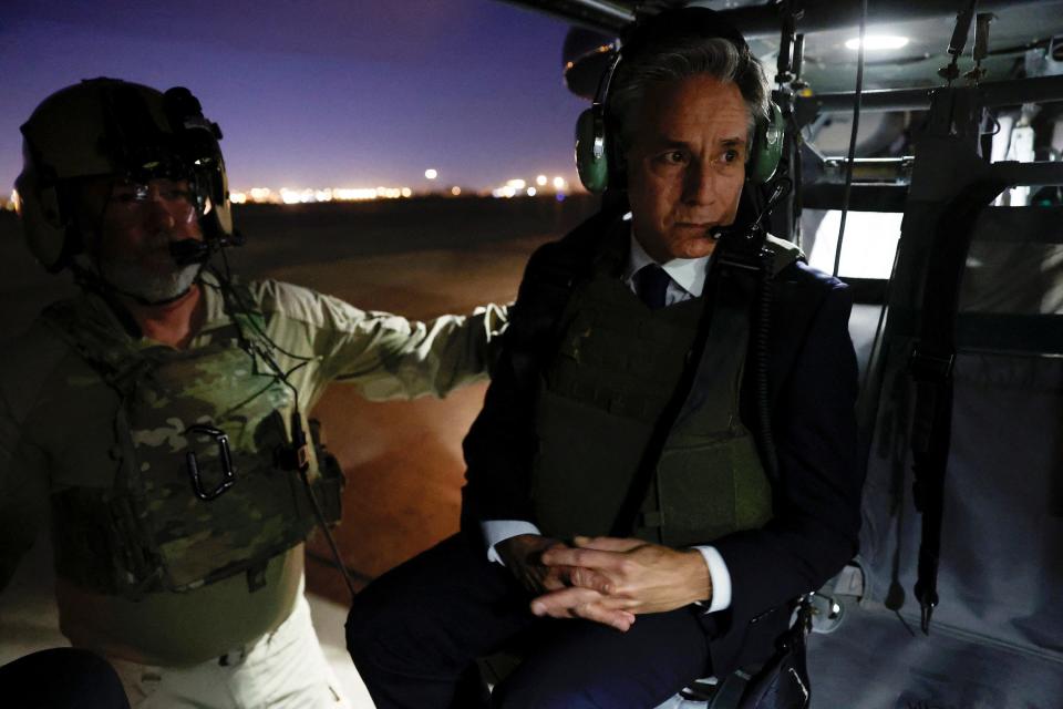 US Secretary of State Antony Blinken departs the International Zone via helicopter after meeting Iraqi Prime Minister Mohammed Shia' Al Sudani in Baghdad, Iraq, November 5, 2023.