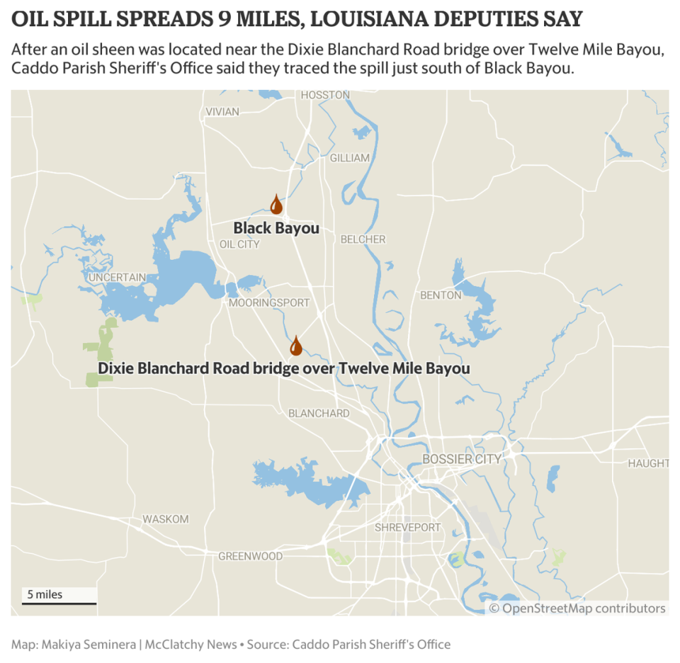 A map showing approximately where Louisiana deputies said the oil spill spread.