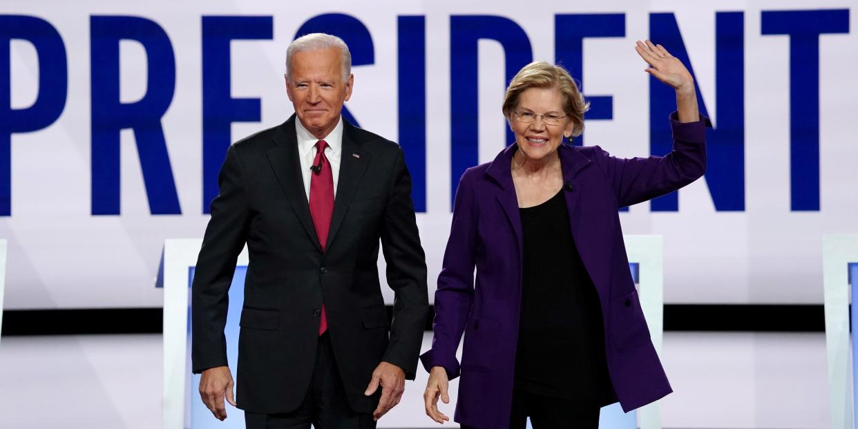 FILE PHOTO: Democratic presidential candidates former Vice President Joe Biden and Senator Elizabeth Warren pose together at the start of the fourth U.S. Democratic presidential candidates 2020 election debate at Otterbein University in Westerville, Ohio U.S., October 15, 2019. REUTERS/Shannon Stapleton/File Photo