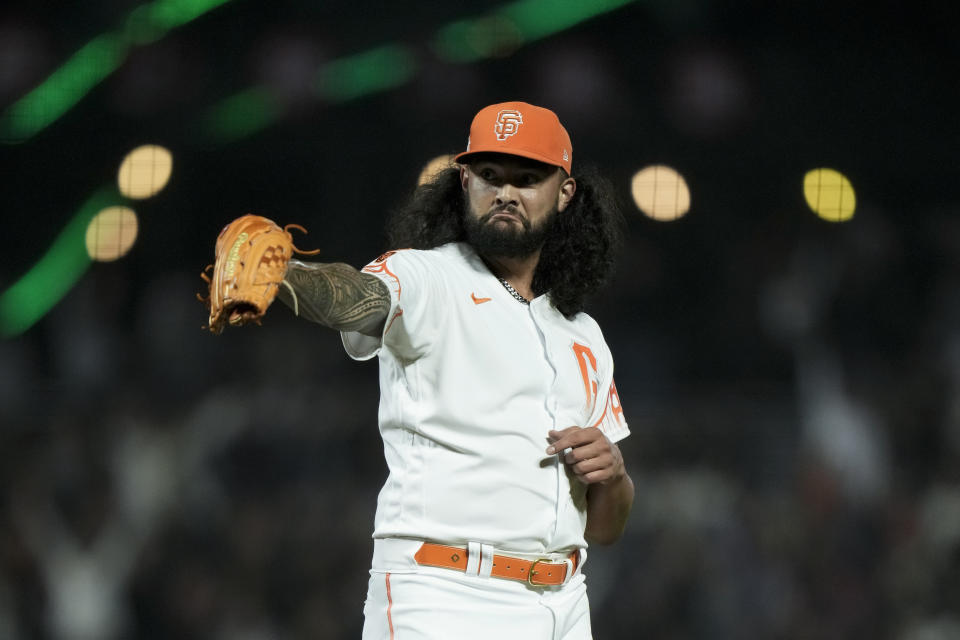 San Francisco Giants pitcher Sean Manaea reacts after the team's 4-3 victory over the Arizona Diamondbacks in a baseball game Tuesday, Aug. 1, 2023, in San Francisco. (AP Photo/Godofredo A. Vásquez)