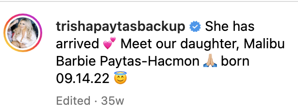 "Meet our daughter, Malibu Barbie Paytas-Hacmon"