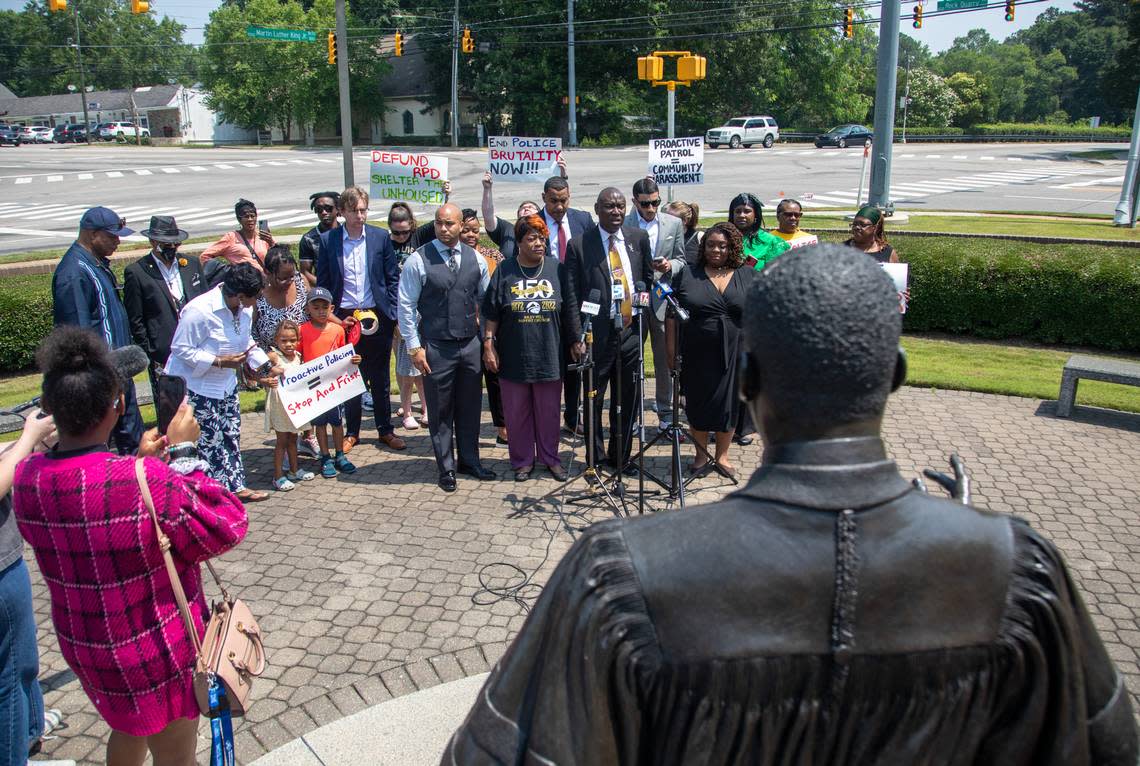 Civil rights attorney Ben Crump hosts a press conference Friday, June, 9, 2023 at Dr. Martin Luther King, Jr. Memorial Gardens in Raleigh where he urged Wake County district attorney to “do its part” in the case of Darryl “Tyree” Williams, a Black man who died in January after being tased by Raleigh police. An autopsy report released earlier this week declared that Williams’ death was a ‘homicide.’