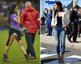 <p>Die Freundin des portugiesischen Fußball-Megastars Cristiano Ronaldo beeindruckt durch einen verhältnismäßig legeren und unaufgeregten Style. Während andere Spielerfrauen nie ohne Designer-Kleid oder Mega-High-Heels aus dem Haus gehen, kombiniert die Spanierin häufig Jeans mit einfachen Shirts oder sexy Tops. Den Look wertet die 24-Jährige dann mit Accessoires wie coolen Boots (l.) oder Metallic-Sandaletten auf. (Bild: Rex Features/ Getty Images) </p>