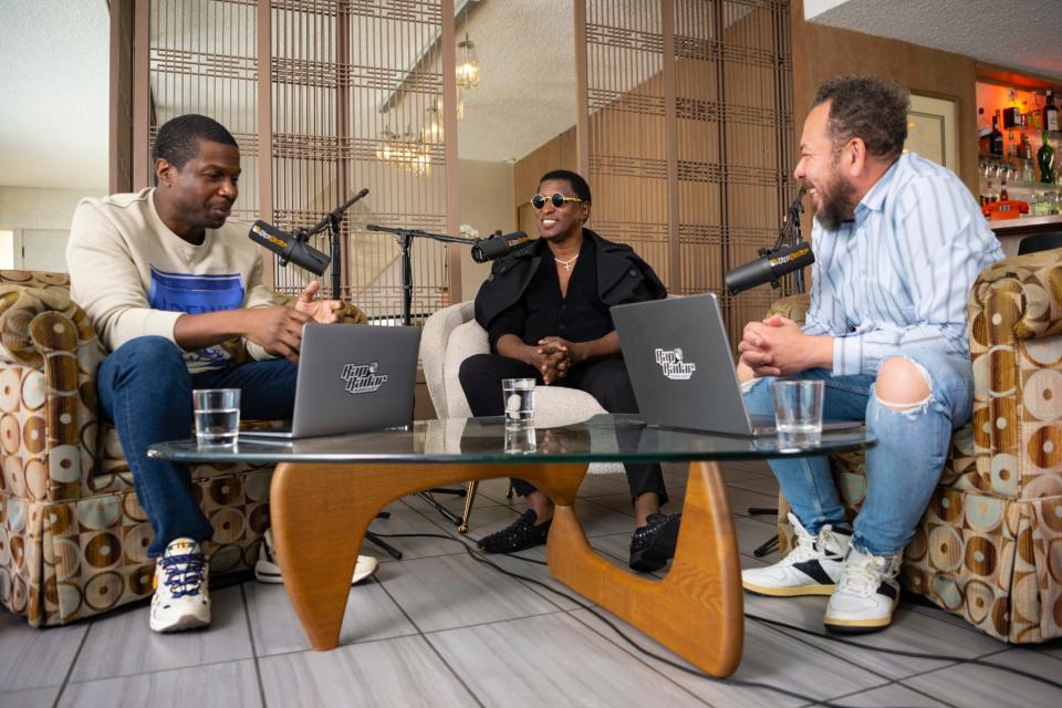 Kenny "Babyface" Edmonds (center) is the guest on the March 2, 2023 "Rap Radar" podcast with hosts Brian "B.Dot" Miller (left) and Elliott Wilson (right).