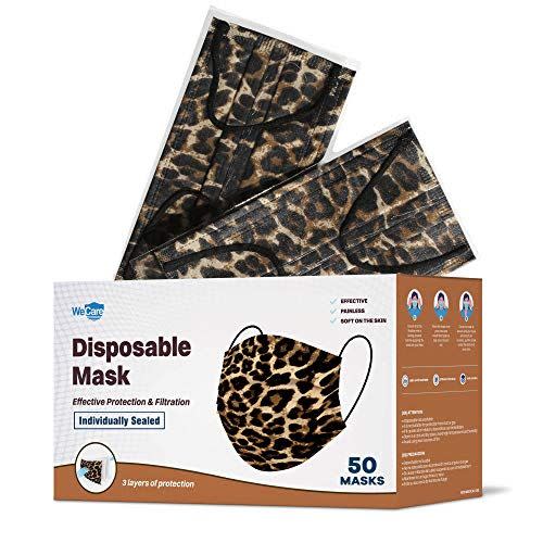 19) WeCare Disposable Face Mask Individually Wrapped - 50 Pack, Leopard Print Masks - 3 Ply