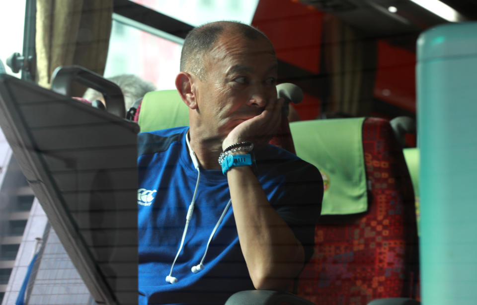 TOKYO, JAPAN - OCTOBER 10:  Eddie Jones, the England head coach sits on the team bus after the announcement of the cancellation of their match against France on October 10, 2019 in Tokyo, Japan. (Photo by David Rogers/Getty Images)