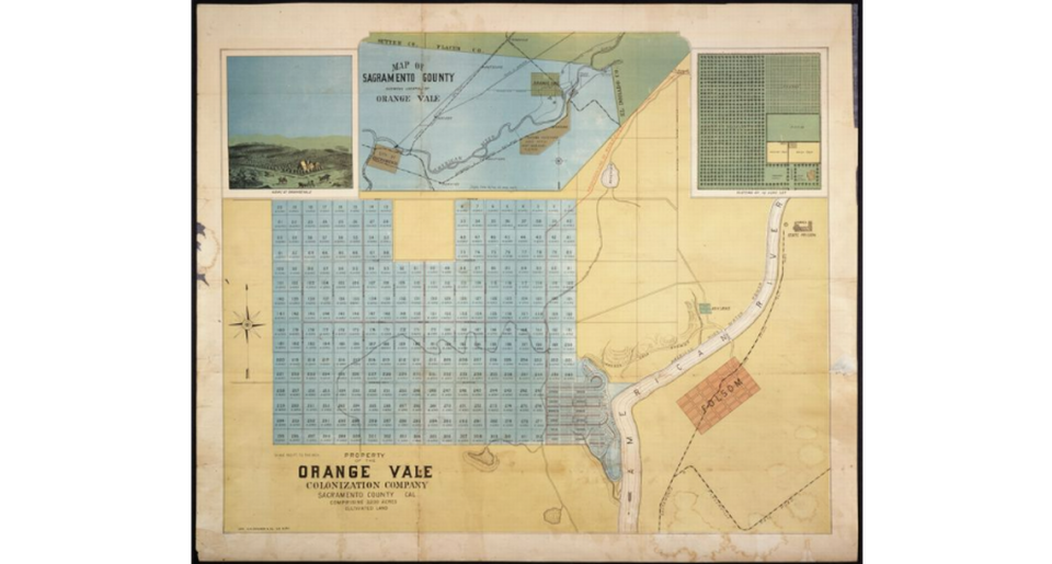 A map from 1892 shows the location of Orange Vale, property of The Orange Vale Colonization Company, in Sacramento County.