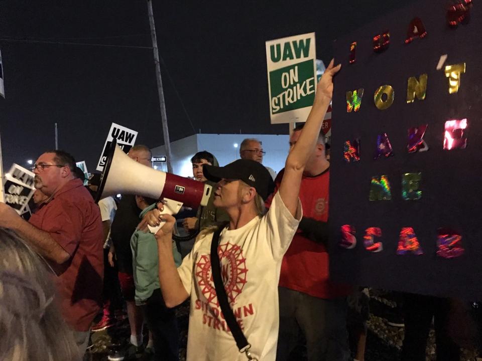 Nikki Guevara of Clio, Michigan, is an instrument panel assembler for GM at the Flint Assembly Plant. She works on the Chevrolet Silverado and GMC Sierra. Crossing picket lines for any reason, Guevara said, cannot happen. The 8-year employee led chants in the early morning hours of Monday, Sept. 16, 2019.