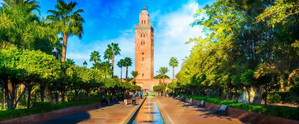 Koutoubia Mosque minaret in the medina quarter of Marrakesh, Morocco