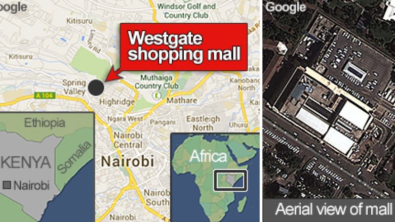 An aerial view and map of the Westgate shopping centre in Nairobi, where an attack killed at least 30 people Saturday.