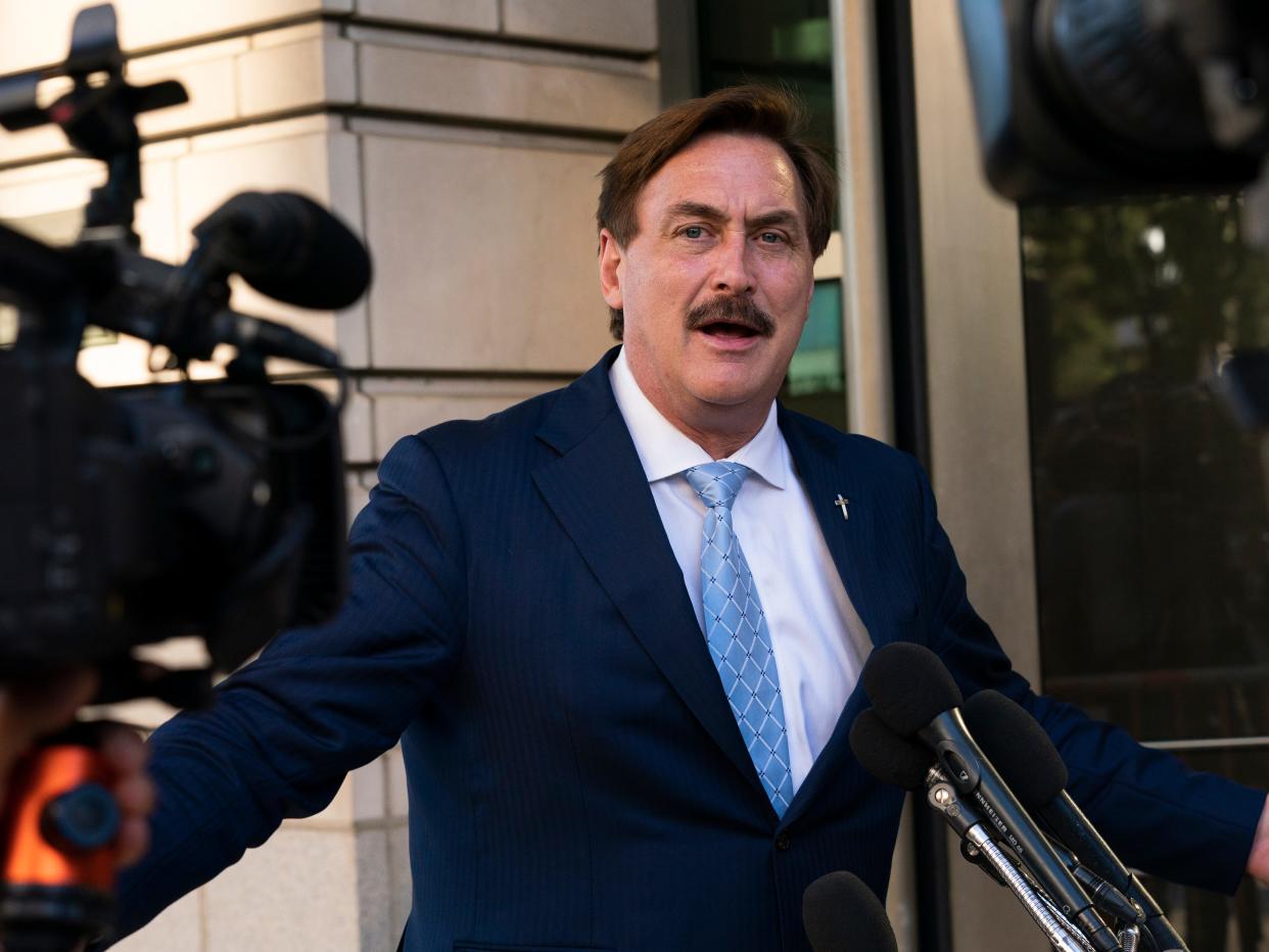 MyPillow chief executive Mike Lindell, speaks to reporters outside federal court in Washington, Thursday, June 24, 2021.