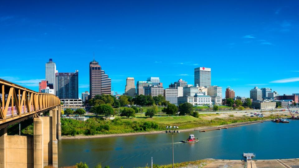Panorama of Memphis Skyline with blue sky and Mississippi river.