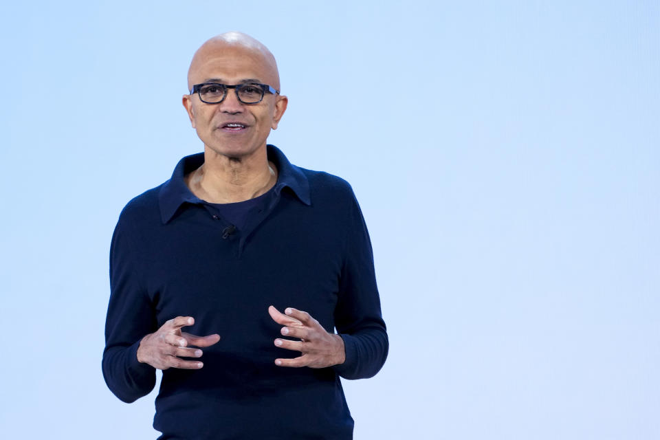 Microsoft CEO Satya Nadella speaks during a showcase event of the company's AI assistant, Copilot, ahead of the annual Build developer conference at Microsoft headquarters, Monday, May 20, 2024, in Redmond, Wash. (AP Photo/Lindsey Wasson)