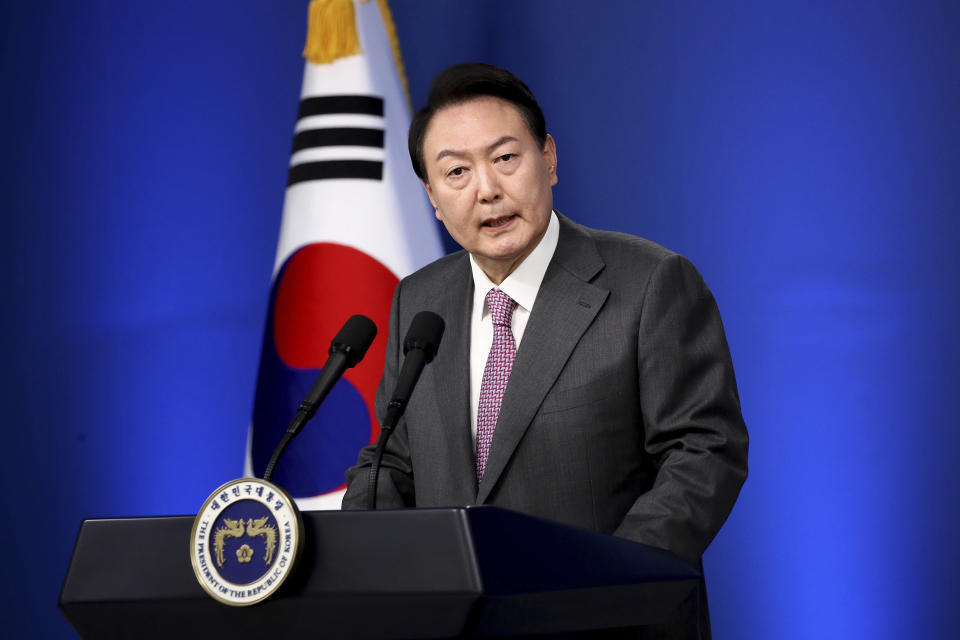FILE - South Korean President Yoon Suk Yeol delivers a speech during a news conference to mark his first 100 days in office at the presidential office in Seoul, South Korea, on Aug. 17, 2022. The leaders of South Korea and Japan will meet next week on the sidelines of the U.N. General Assembly in New York, Seoul officials said Thursday, Sept. 15, 2022, in what would be the countries’ first summit in nearly three years amid disputes over history. (Chung Sung-Jun/Pool Photo via AP, File)