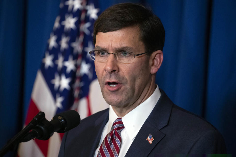 Secretary of Defense Mark Esper delivers a statement on Iraq and Syria, at President Donald Trump's Mar-a-Lago property, Sunday, Dec. 29, 2019, in Palm Beach, Fla. (AP Photo/ Evan Vucci)