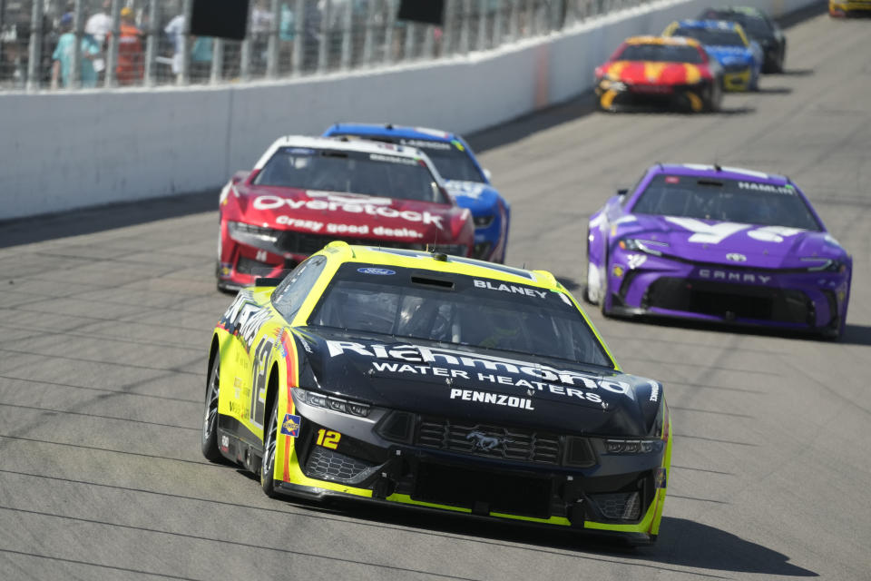 Ryan Blaney (12) drives during a NASCAR Cup Series auto race at World Wide Technology Raceway Sunday, June 2, 2024, in Madison, Ill. (AP Photo/Jeff Roberson)