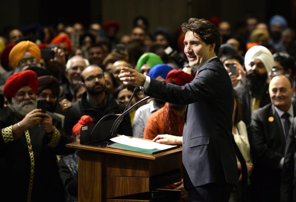 Prime Minister Justin Trudeau speaks at the Vaisakhi Celebration on Parliament Hill on Monday, April 11, 2016 in Ottawa. THE CANADIAN PRESS/Justin Tang