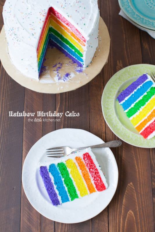 <p>It's actually easier to put a rainbow cake together than it looks, there are step by step photos to help you make your first rainbow cake!</p><p><strong>Get the recipe: <a href="https://www.thelittlekitchen.net/rainbow-birthday-cake/" rel="nofollow noopener" target="_blank" data-ylk="slk:Rainbow Birthday Cake;elm:context_link;itc:0;sec:content-canvas" class="link rapid-noclick-resp"><em>Rainbow Birthday Cake</em></a></strong></p>