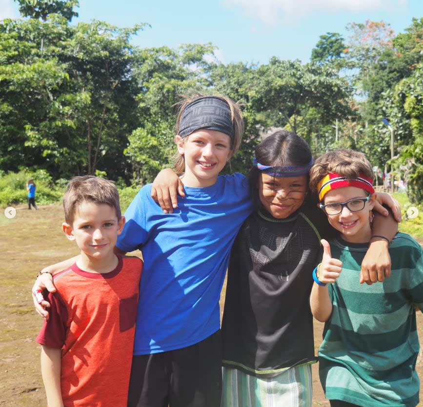 The Lemay-Pelletier boys and Gustavo from the Achuar community quickly became friends in Ecuador. They learned how to paint their faces with fruit, went fishing and learned how to use a blowpipe.