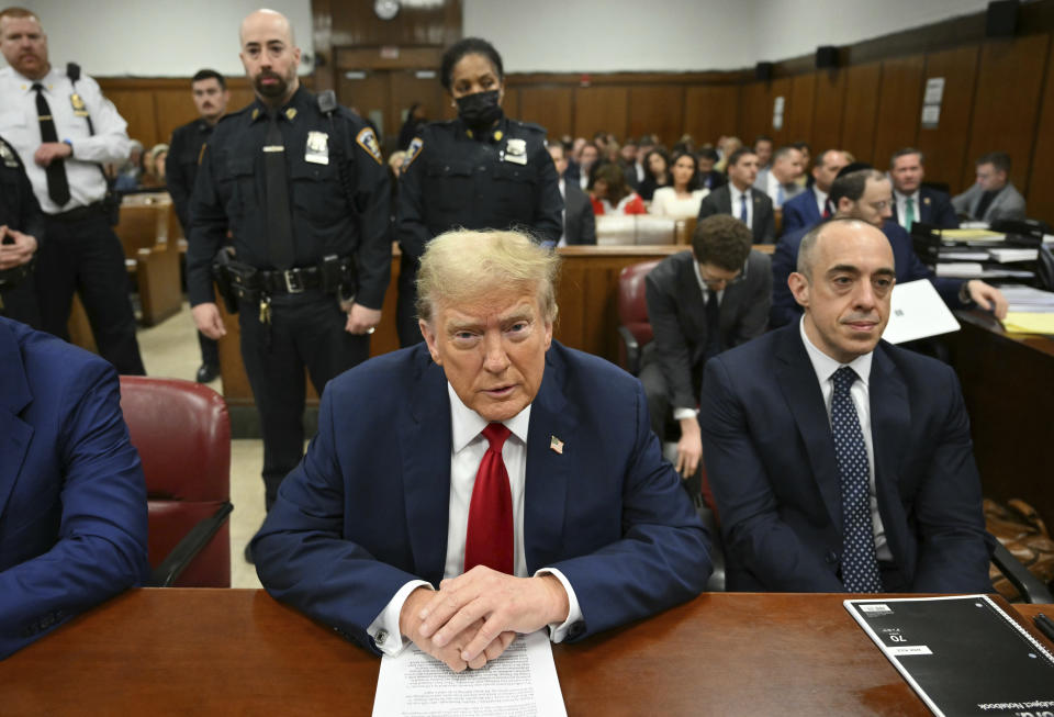 Former President Donald Trump appears at Manhattan criminal court before his trial in New York, Thursday, May 16, 2024. (Angela Weiss/Pool Photo via AP)