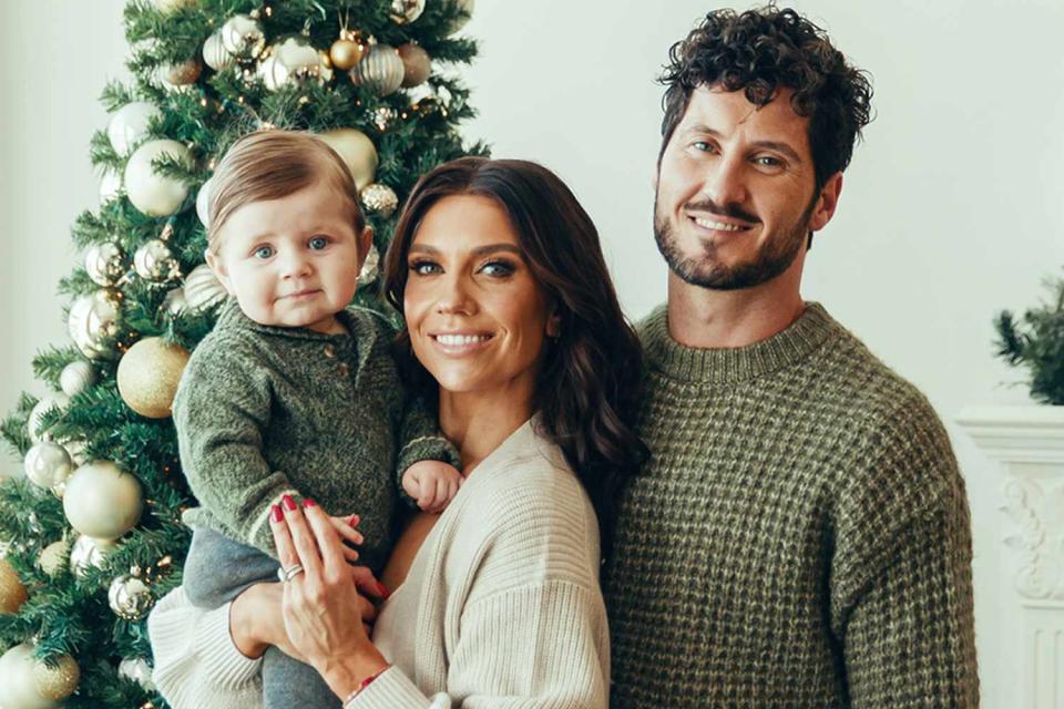 <p>Claire Lejeune/Shutterstock</p> Val Chmerkovskiy and Jenna Johnson celebrate their first Christmas with son Rome