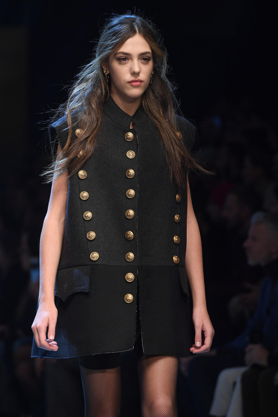 Sistine Stallone graduated from sitting front row at the Dolce & Gabbana’s spring 2017 show in Milan last September to walking down the brand’s runway last weekend. The 17-year-old model wore an oversized coat and a lacy black slip dress underneath. (Photo: Getty)