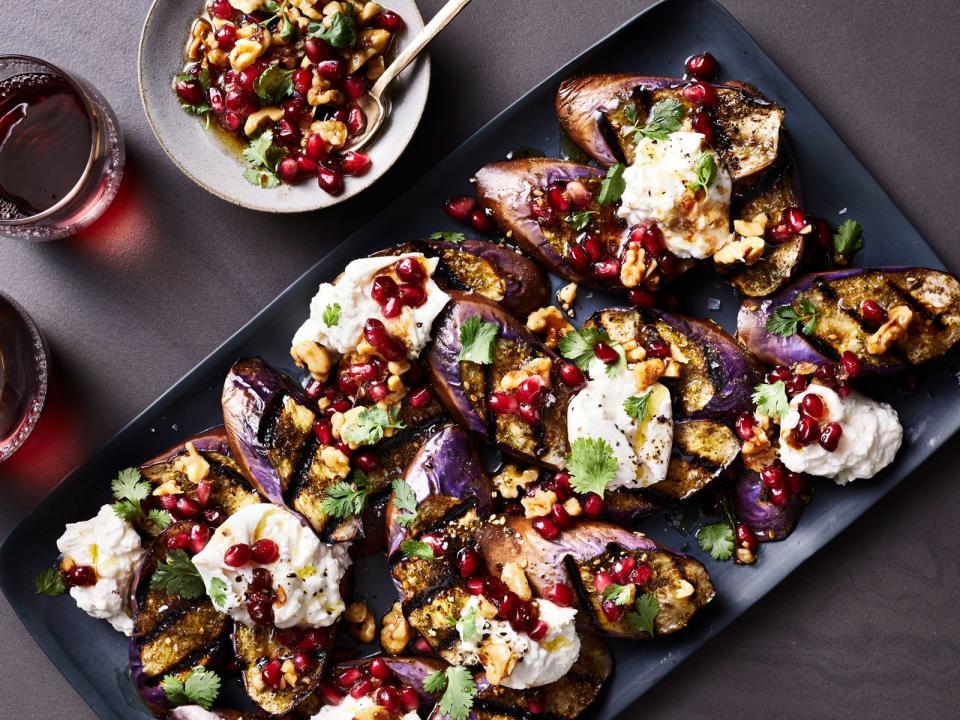 Charred Eggplant with Burrata and Pomegranate-Walnut Relish