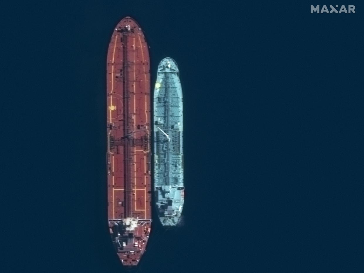 A satellite image taken on 20 March 2023 by Maxar Technologies shows a ship-to-ship transfer in the Bay of Lakoniko on their way to Asian markets (Satellite image ©2023 Maxar Technologies)