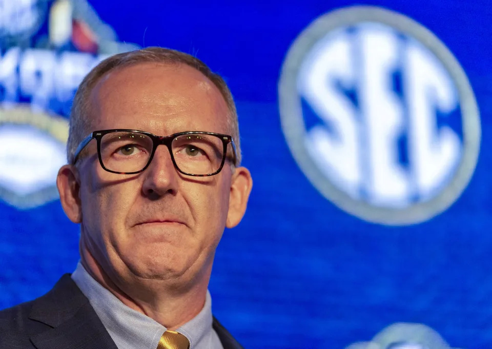 , USA; SEC commissioner Greg Sankey speaks to the media during SEC Media Days at the Hyatt Regency-Birmingham. Mandatory Credit: Vasha Hunt-USA TODAY Sports