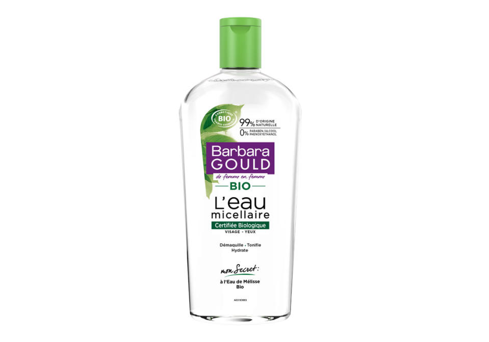 5,39€<br><p>Cette eau micellaire à l'eau de mélisse bio débarrasse la peau des impuretés sans effet collant. Simple et efficace. </p><br><a href="https://www.monoprix.fr/courses/barbara-gould-eau-bio-micellaire-flacon-400ml-3170047-p?&esl-k=sem-google%7cng%7cc389275902637%7cm%7ckpla827377779280%7cp%7ct%7cdc%7ca74894719850%7cg6806060124&gclid=CjwKCAiAj-_xBRBjEiwAmRbqYhv2bClnisL-w1C4tdBA704zJYkooRQX8mzSWnjR4j47yDnrvsnp8BoCcd0QAvD_BwE&gclsrc=aw.ds" rel="nofollow noopener" target="_blank" data-ylk="slk:Acheter;elm:context_link;itc:0;sec:content-canvas" class="link ">Acheter</a><br><a href="https://www.elle.fr/Beaute/Soins/Tendances/Quel-demaquillant-bio-pour-prendre-soin-de-ma-peau#xtor=AL-541" rel="nofollow noopener" target="_blank" data-ylk="slk:Voir la suite des photos sur ELLE.fr;elm:context_link;itc:0;sec:content-canvas" class="link ">Voir la suite des photos sur ELLE.fr</a><br><h3> A lire aussi </h3><ul><li><a href="https://www.elle.fr/Beaute/Parfums/Tendances/parfum-bio-3783175#xtor=AL-541" rel="nofollow noopener" target="_blank" data-ylk="slk:On se met au parfum bio;elm:context_link;itc:0;sec:content-canvas" class="link ">On se met au parfum bio</a></li><li><a href="https://www.elle.fr/Beaute/Maquillage/Tendances/maquillage-bio-3773380#xtor=AL-541" rel="nofollow noopener" target="_blank" data-ylk="slk:Tout savoir sur le maquillage bio;elm:context_link;itc:0;sec:content-canvas" class="link ">Tout savoir sur le maquillage bio</a></li><li><a href="https://www.elle.fr/Beaute/Cheveux/coloration-cheveux/Pourquoi-devrait-on-adopter-la-coloration-bio-2864546#xtor=AL-541" rel="nofollow noopener" target="_blank" data-ylk="slk:Pourquoi on se met à la coloration bio ?;elm:context_link;itc:0;sec:content-canvas" class="link ">Pourquoi on se met à la coloration bio ?</a></li><li><a href="https://www.elle.fr/Beaute/Maquillage/Tendances/Fond-de-teint-bio#xtor=AL-541" rel="nofollow noopener" target="_blank" data-ylk="slk:11 fonds de teint bio pour savoir ce que l’on met sur notre peau;elm:context_link;itc:0;sec:content-canvas" class="link ">11 fonds de teint bio pour savoir ce que l’on met sur notre peau</a></li><li><a href="https://www.elle.fr/Astro/Horoscope/Quotidien#xtor=AL-541" rel="nofollow noopener" target="_blank" data-ylk="slk:Consultez votre horoscope sur ELLE;elm:context_link;itc:0;sec:content-canvas" class="link ">Consultez votre horoscope sur ELLE</a></li></ul>