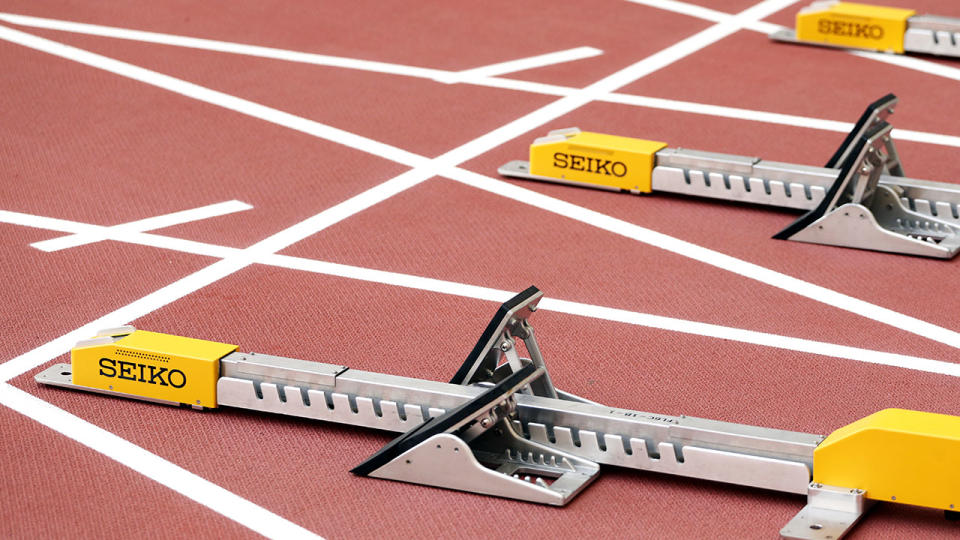 The starting blocks, pictured here at the world athletics championships.