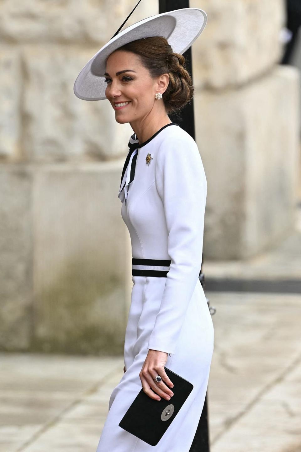 Catherine, Princess of Wales, arrives at Horse Guards Parade for the King's Birthday Parade "Trooping the Colour" in London on June 15, 2024.