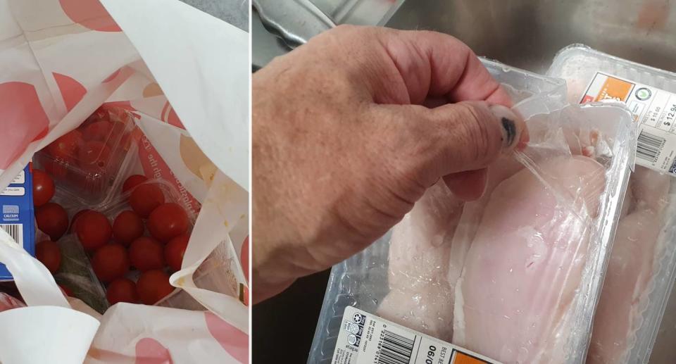 Broken package of cherry tomatoes in a Coles bag, broken chicken pack