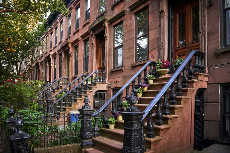 Row of historic brownstone buildings in New York City