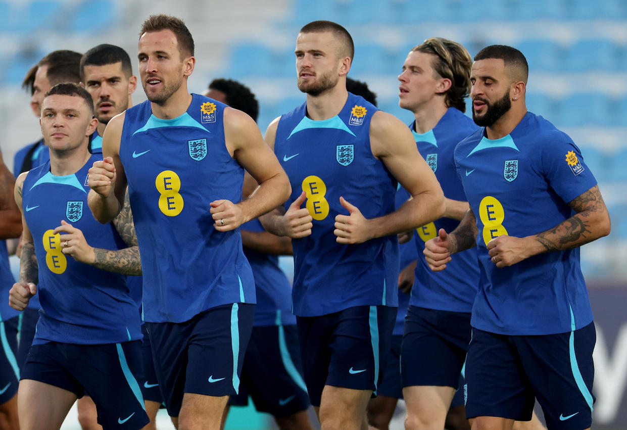 DOHA, QATAR - NOVEMBER 16: Harry Kane warms up with team mates during the England training session at Al Wakrah Stadium on November 16, 2022 in Doha, Qatar. (Photo by Lars Baron/Getty Images)