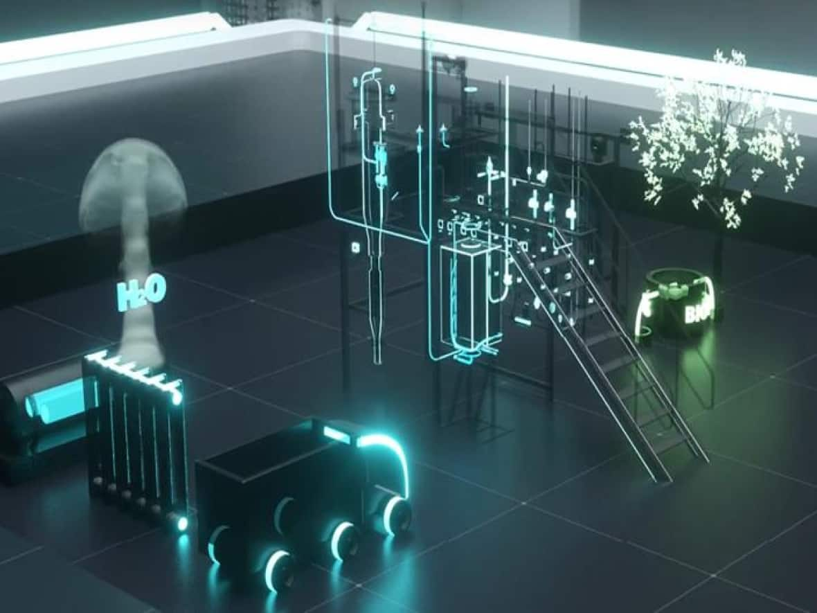 This illustration shows the process of so-called 'turquoise' hydrogen energy production to be used in a Port Moody, B.C. pilot project starting construction late next year. The method separates the molecules in natural gas into emission-free hydrogen power and solid graphite that is useful to other industries.  (Submitted by Hazer Group - image credit)