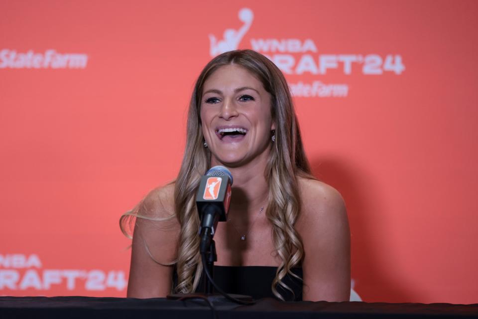 Apr 15, 2024; Brooklyn, NY, USA; Jacy Sheldon speaks in a press conference after she is selected with the number five overall pick to the Dallas Wings in the 2024 WNBA Draft at Brooklyn Academy of Music. Mandatory Credit: Vincent Carchietta-USA TODAY Sports