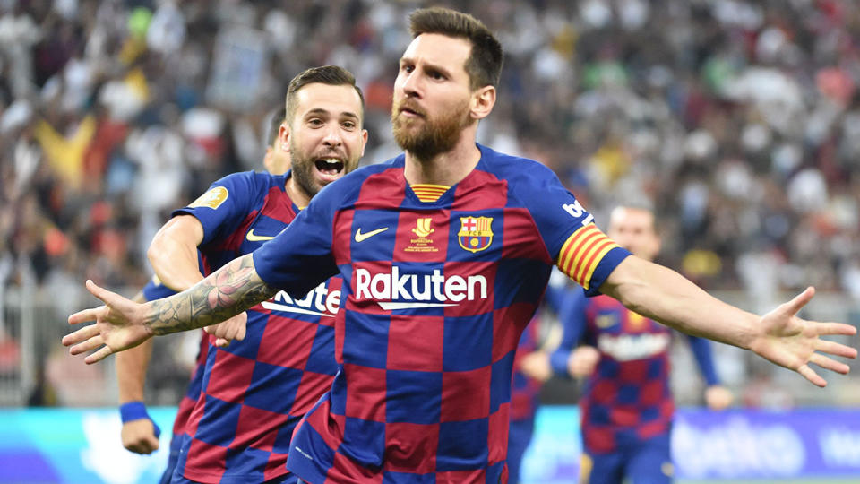 Seen here, Messi celebrates during a match for Barcelona.