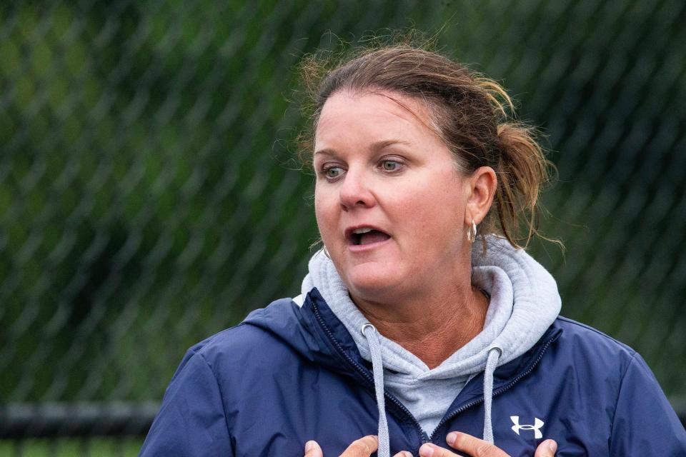Delmar head coach Jodi Hollamon reacts after the team's historic 2-3 loss to Smyrna that put an end to Delmar's 120-game winning streak during the field hockey game at Smyrna High, Tuesday, Sept. 26, 2023.