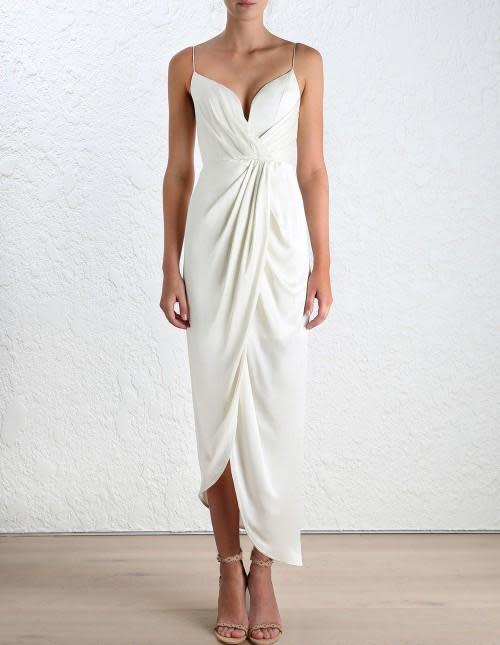 Sueded silk plunge long dress - <a rel="nofollow noopener" href="https://www.zimmermannwear.com/edit/bridesmaids/sueded-silk-plunge-long-dress-pearl.html" target="_blank" data-ylk="slk:$550;elm:context_link;itc:0;sec:content-canvas" class="link ">$550</a>