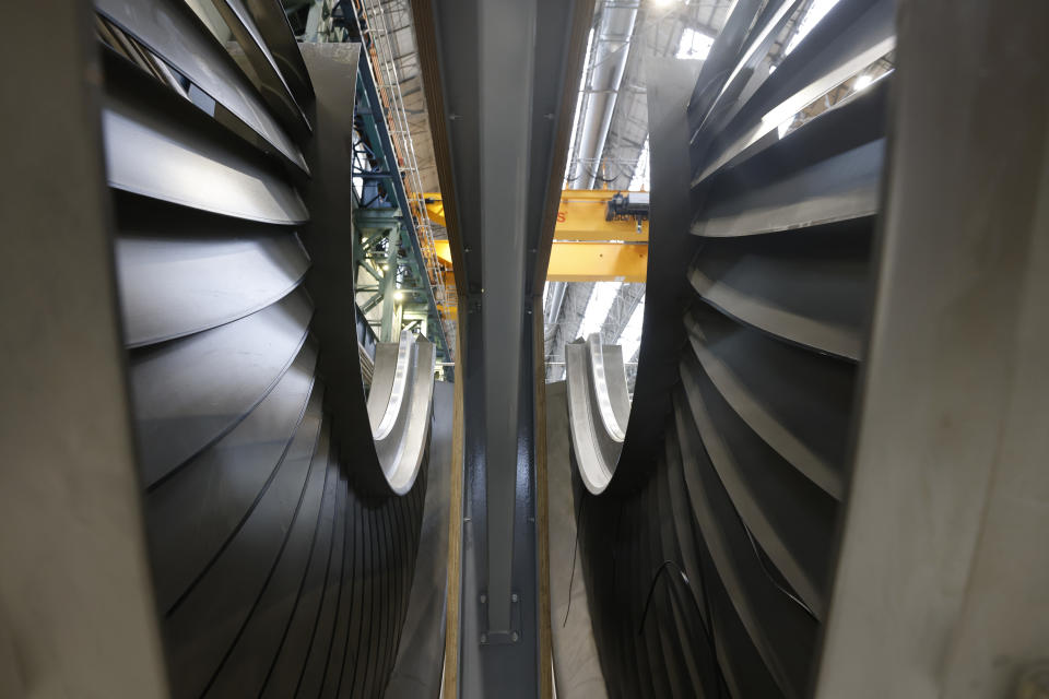 Nuclear turbines are seen at the GE Steam Power System site in Belfort, eastern France, Thursday, Feb. 10, 2022. French President Emmanuel Macron is to unveil plans to build new nuclear reactors in the country as part of its energy strategy to reduce planet-warming emissions. (AP Photo/Jean-Francois Badias, Pool)