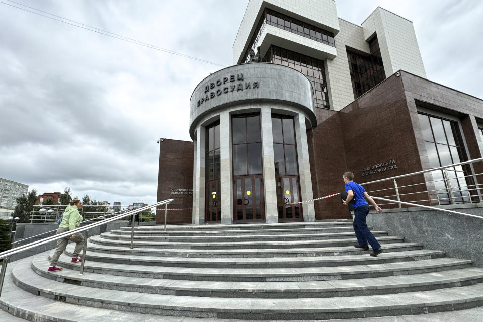 The Sverdlovsky regional court is seen while Wall Street Journal reporter Evan Gershkovich attends a court session in a courtroom in Yekaterinburg, Russia, Wednesday, June 26, 2024. Fifteen months after he was arrested in the city of Yekaterinburg on espionage charges, Gershkovich returns there for his trial starting Wednesday, June 26, 2024, behind closed doors. Gershkovich, his employer and the U.S. government deny the charges. (AP Photo)