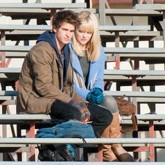 Andrew Garfield and Emma Stone are seen at movie set of the 'Spider-Man' movie in 2011