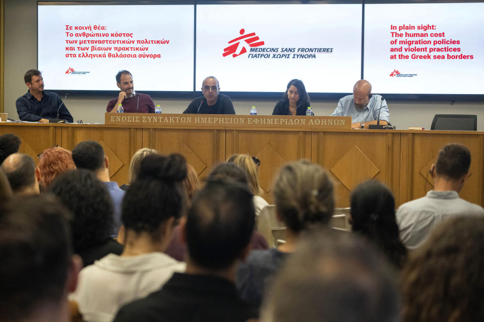 From Left to right Interim General Director of the Greek Section of MSF Achilleas Tzemos, International President of MSF Christos Christou, Greek journalist Panos Charitos, Head of Mission for MSF in Athens, Samos and Bulgaria Sonia Balleron, and, Head of Mission for MSF in Lesvos and the Balkans Duccio Staderini take part in a news conference organised by the Doctors Without Borders, in Athens, on Thursday, Nov. 2, 2023. A leading international medical charity says it has received scores of testimonies over the past two years from migrants that point to a "recurring practice" of alleged secret, illegal and often brutal deportations back to Turkey from two eastern Greek islands. (AP Photo/Petros Giannakouris)