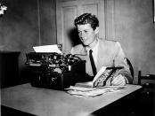 <p>John F. Kennedy at a typewriter with his book “Why England Slept,” circa 1940. (Photo: John F. Kennedy Presidential Library and Museum) </p>