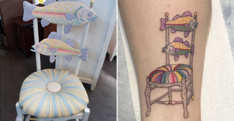 The fish chair and DelFavero's tattoo. / Credit: CBS News