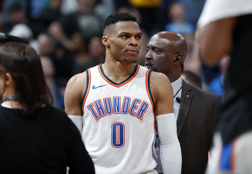 Oklahoma City Thunder guard Russell Westbrook reacts. (AP)