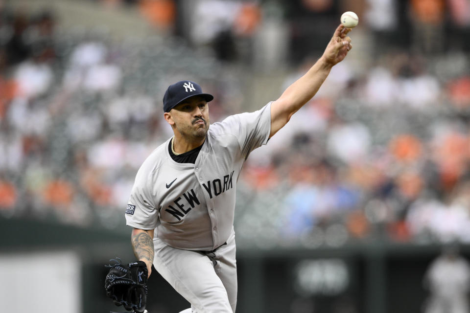 New York Yankees starting pitcher Nestor Cortes throws during the first inning of a baseball game against the Baltimore Orioles, Tuesday, April 30, 2024, in Baltimore. (AP Photo/Nick Wass)