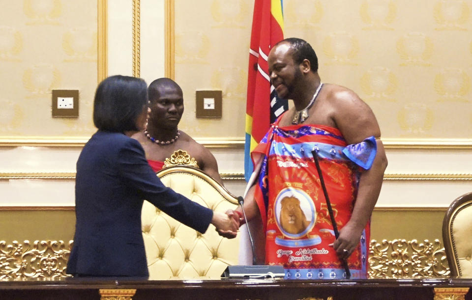 Taiwan's President Tsai Ing-wen, left, shakes hands with Eswatini's King Mswati III at the royal palace in Ludzidzini, Eswatini Tuesday, Sept. 5, 2023. Tsai is on a four-day trip to Eswatini, one of the island's 13 remaining allies. (AP Photo)