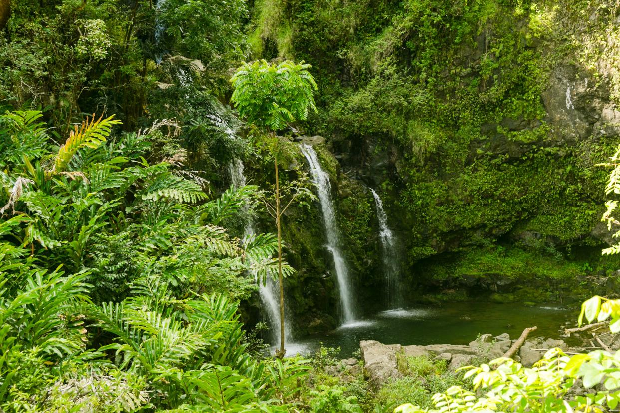 Waterfalls are seen near Hana, Hawaii in this file photo from 2014.  So many tourists flocked to Maui after pandemic restrictions eased that Maui's mayor begged airlines to cut back on the number of people they flew to the island.